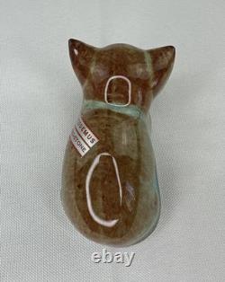 Nicodemus Pottery Cat Figurine Ferro Stone Original Label Signed Teal Brown 3in