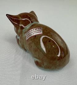 Nicodemus Pottery Cat Figurine Ferro Stone Original Label Signed Teal Brown 3in