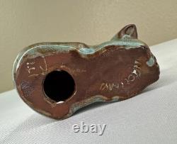 Nicodemus Pottery Cat Figurine Ferro Stone Original Label Signed Teal Brown 3in
