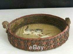 Novelty Handpainted Cat Antique Art Deco Oil Painting Ornate Silk Basket French
