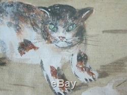 Novelty Handpainted Cat Antique Art Deco Oil Painting Ornate Silk Basket French