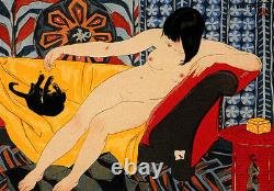 Nude Playing with Cat 22x30 Art Deco Japanese Print Cat Asian Japan