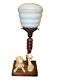 Original Cat And Dog 1930s Art Deco Lamp Lampe, Alabaster, Hooped Glass Shade