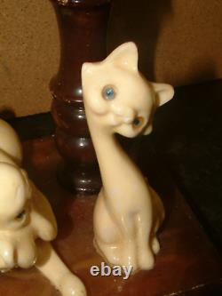 ORIGINAL CAT AND DOG 1930s ART DECO LAMP LAMPE, ALABASTER, HOOPED GLASS SHADE