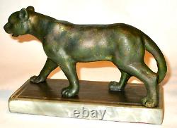 Old Art Deco Model of a Big Cat Lioness on Marble Base from Joliet IL Mansion