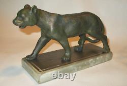 Old Art Deco Model of a Big Cat Lioness on Marble Base from Joliet IL Mansion