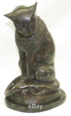 Original Art Deco Egyptian Cat Bronze Sculpture Marble Base Statue Large