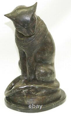 Original Art Deco Egyptian Cat Bronze Sculpture Marble Base Statue Large