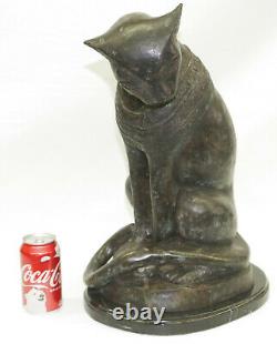 Original Art Deco Egyptian Cat Bronze Sculpture Marble Base Statue Large