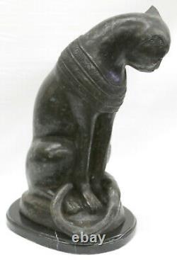 Original Art Deco Egyptian Cat Bronze Sculpture Marble Base Statue Large