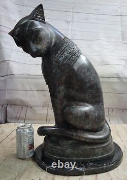 Original Art Deco Egyptian Cat Bronze Sculpture Marble Base Statue Large Decor