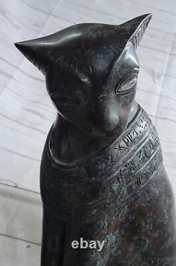 Original Art Deco Egyptian Cat Bronze Sculpture Marble Base Statue Large Decor