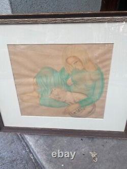 Original Art Deco Modernist Wpa Era Pastel Painting Woman With Cat Signed