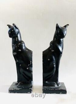 Original Art Deco to Mid Century Black Bronze or Pewter Cat Bookends 8 Tall