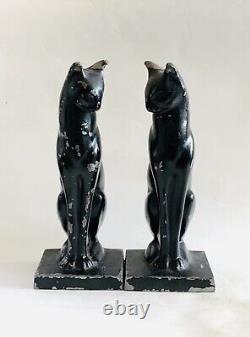 Original Art Deco to Mid Century Black Bronze or Pewter Cat Bookends 8 Tall
