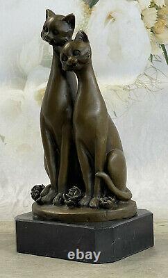 Original Old Cat Bronze Signed Figurine On Base Cats Art Deco Two Cat Sculpture