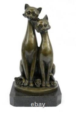 Original Old Cat Bronze Signed Figurine On Base Cats Art Deco Two Cat Sculpture