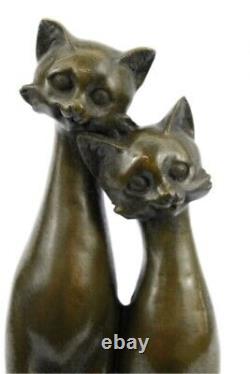 Original Old Cat Bronze Signed Figurine On Base Cats Art Deco Two Cat Sculpture