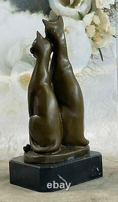 Original Old Cat Bronze Signed Figurine On Base Cats Art Deco Two Cat Sculpture