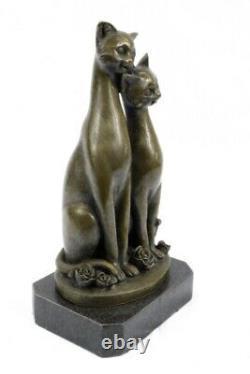Original Old Cat Bronze Signed Figurine On Base Cats Art Deco Two Cat Sculpture