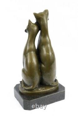 Original Old Cat Bronze Signed Figurine On Base Cats Art Deco Two Cat Sculpture