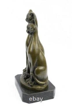 Original Old Cat Bronze Signed Figurine On Base Cats Art Deco Two Cat Sculpture