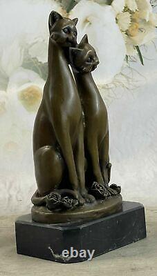 Original Old Cat Bronze Signed Figurine On Base Cats Art Deco Two Cat Sculpture
