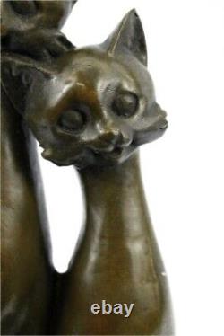 Original Old Cat Bronze Signed Figurine On Base Cats Art Deco Two Cat Sculpture