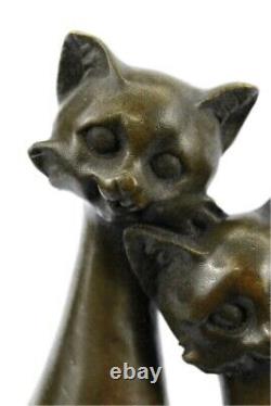 Original Old Cat Bronze Signed Figurine On Base Cats Art Deco Two Cat Sculpture