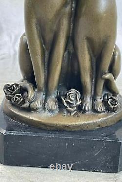 Original Old Cat Bronze Signed Figurine On Base Cats Art Deco Two Cat Sculpture