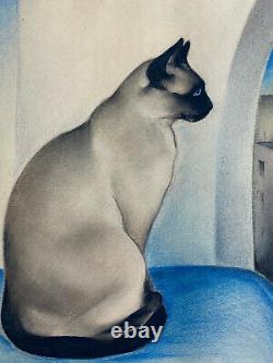 Otto Kolbe Art Deco Siamese Cat Mixed Media on Paper Signed, Dated 1944 Painting
