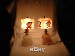 PAIR ALADDIN ALACITE GLASS CHILDRENS LAMPS GLASS SHADES CATS & DOGS CIRCA 1930s