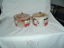 PAIR ALADDIN ALACITE GLASS CHILDRENS LAMPS GLASS SHADES CATS & DOGS CIRCA 1930s