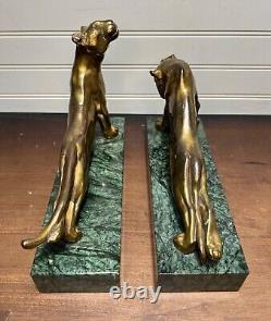 Pair Antique Art Deco Bronze Marble Lion Lioness Cat Sculpture Waldmann