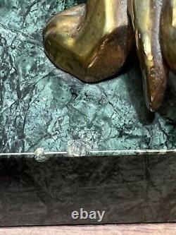Pair Antique Art Deco Bronze Marble Lion Lioness Cat Sculpture Waldmann