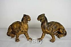 Pair Art Deco Panthers Cast Iron Big Cats RARE (24cm x 9.5cm x 17cm)