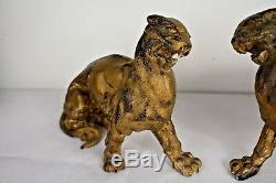 Pair Art Deco Panthers Cast Iron Big Cats RARE (24cm x 9.5cm x 17cm)