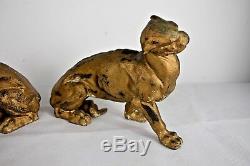 Pair Art Deco Panthers Cast Iron Big Cats RARE (24cm x 9.5cm x 17cm)