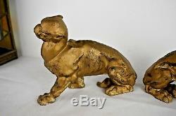 Pair Art Deco Panthers Cast Iron Big Cats RARE (24cm x 9.5cm x 17cm)