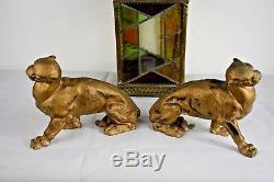 Pair Art Deco Panthers Cast Iron Big Cats RARE (24cm x 9.5cm x 17cm)