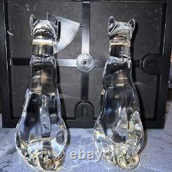Pair Baccarat Crystal Clear Glass Cat FigurinesEgyptian Sphinx Sculpture France