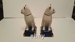 Pair Fitz & Floyd White Cat Statues Orange Cobalt Blue Base Gold Accent Antique