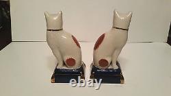 Pair Fitz & Floyd White Cat Statues Orange Cobalt Blue Base Gold Accent Antique