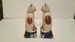 Pair Fitz & Floyd White Cat Statues Orange Cobalt Blue Base Gold Accent Antique