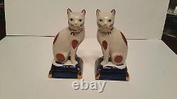 Pair Fitz & Floyd White Cat Statues Orange Cobalt Blue Base Gold Accent Antique