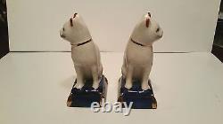 Pair Fitz & Floyd White Cat Statues Orange Cobalt Blue Base Gold Accent Antique
