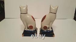 Pair Fitz & Floyd White Cat Statues Orange Cobalt Blue Base Gold Accent Antique