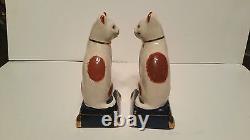 Pair Fitz & Floyd White Cat Statues Orange Cobalt Blue Base Gold Accent Antique