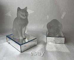 Pair Lalique France Frosted Crystal Sitting Crouching Cat Figures