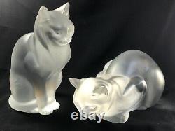 Pair Lalique France Frosted Crystal Sitting Crouching Cat Figures